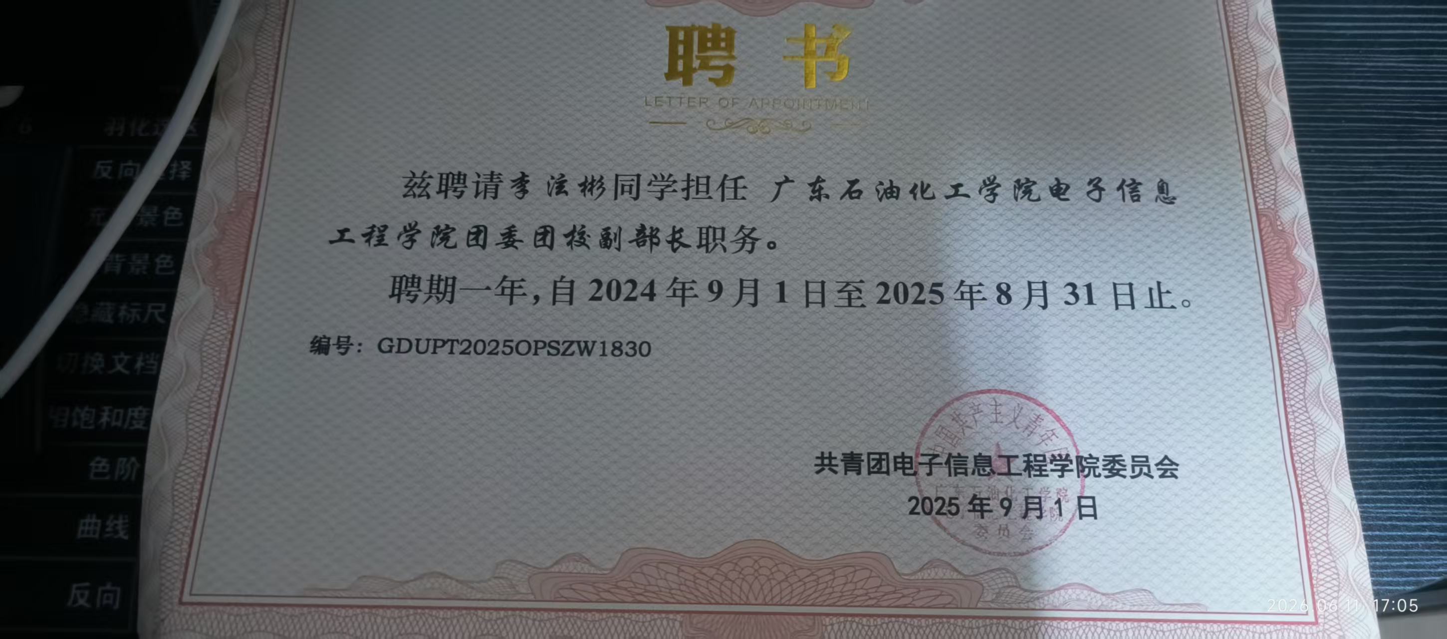 团委团校负责人聘书